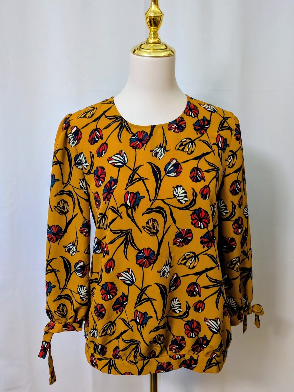 Maurices Mustard Floral Tie-Cuff Blouse